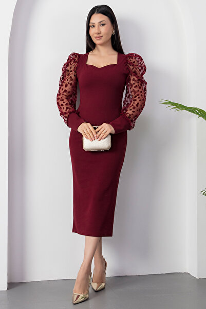 PULLIMM Heart Neckline Sleeves Flocked Pencil Dress 2025-4377