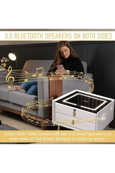 POWER Wooden bedside table with fingerprint lock drawer + USB port + three-color LED light