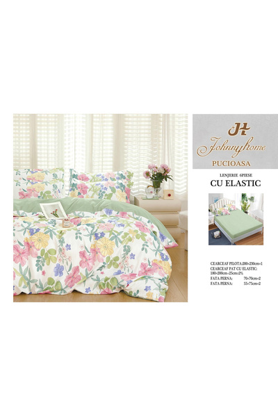 FIONNA.RO Lenjerie De Pat Finet Cu Elastic - Verde Cu Flori