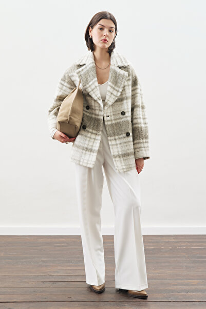 Manuka Plaid Patterned Wool Coat Beige