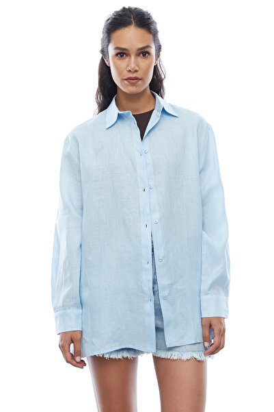 PAULMARK Γυναικείο λινό πουκάμισο με κουμπιά στο κάτω μέρος της φούστας