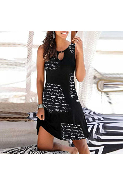 Modayakamoz Kadın Kolsuz Halka Detay Mektup Desenli Mikro Elbise