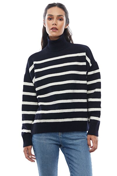 PAULMARK Γυναικείο πλεκτό πουλόβερ με ριγέ μισό ζιβάγκο