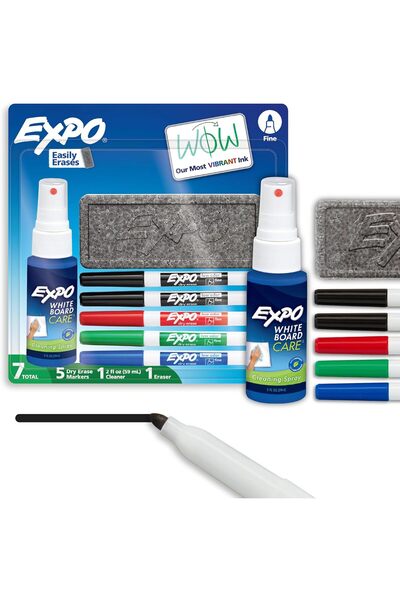 Expo Low-Odor Dry Erase Marker Set with Eraser and Whiteboard Cleaner, Fine Tip, Assorted Colors, 7