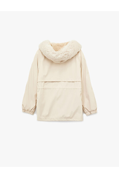 Koton Hooded Anorak Coat with Fleece Lining, Pockets, Detachable Faux Fur Accessory Detail