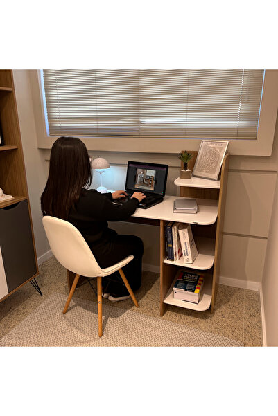 ARTLY Home office desk with side shelves for home and office rooms, elegant design, white and walnut color.