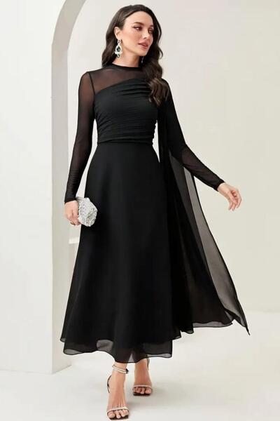 Mossta Turtleneck Tulle Detailed Long Sandy Dress - Black