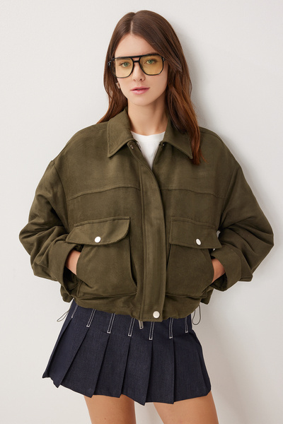 Lovelyİstanbul Polo Collar Suede Jacket Ldp0088 Khaki