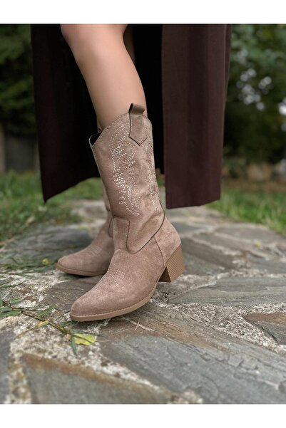 Loris Süet işlemeli topuklu fermuarlı kovboy çizme