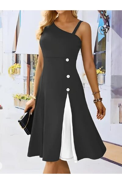 Modayakamoz Γυναικείο φόρεμα με έναν ώμο με λεπτομέρεια αμάνικο πλαϊνό κουμπί...