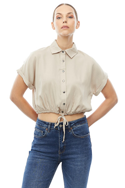 PAULMARK Γυναικείο κοντομάνικο πουκάμισο με κουμπωτά κορδόνια