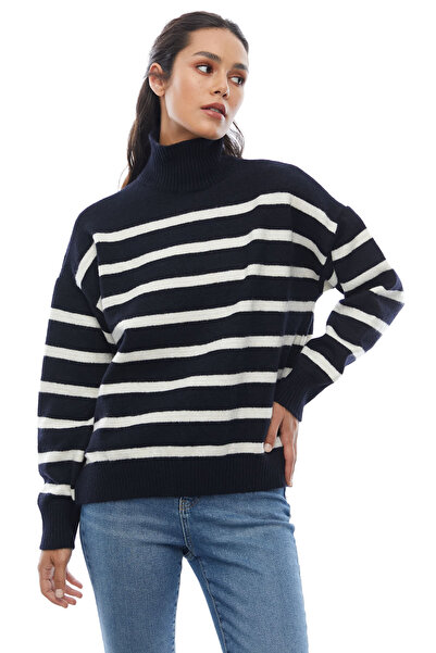 PAULMARK Γυναικείο πλεκτό πουλόβερ με ριγέ μισό ζιβάγκο