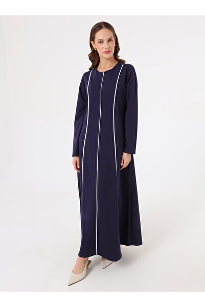 Benin Soft Textured Contrast Piped Detail Hijab Dress - Navy Blue -
