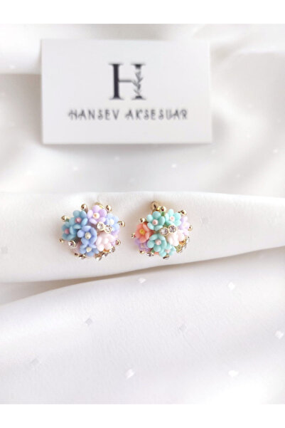 hansev Aksesuar Soft Renkli Çiçekli Minik Taş Detaylı Zarif Küpe