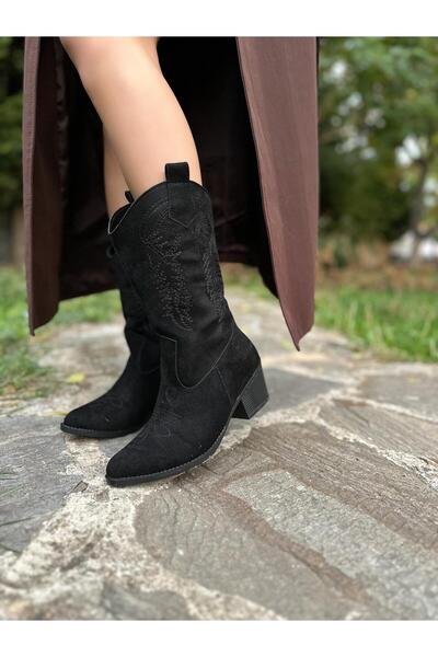 Loris Süet işlemeli topuklu fermuarlı kovboy çizme