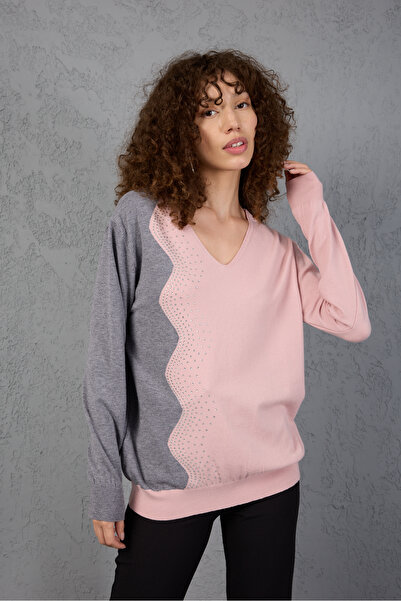 Moda Days Powder Gray Two-Tone Stone Detailed V-Neck Knitwear Blouse