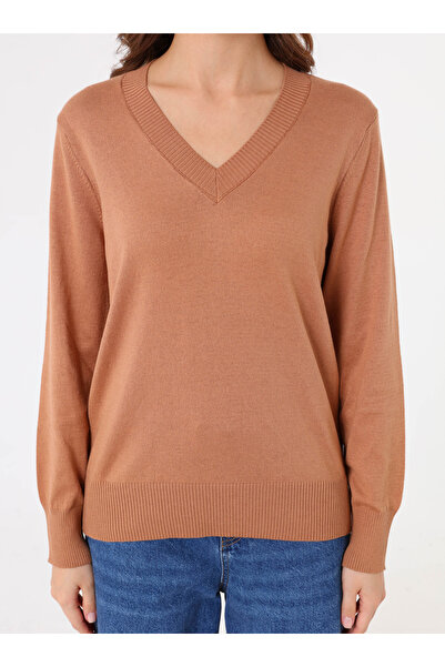 Refka Soft Textured V-Neck Classic Knit Sweater - Camel -
