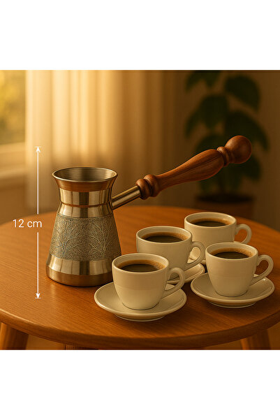 Dania ☕ ركوة قهوة تركية فاخرة بسعة 400 مل – فنجان4 🥄 تصميم محفور يدويًا مقاس 12 سم ومقبض خشبي أنيق 🌿