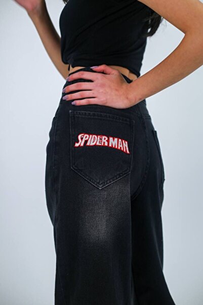 OneKedy Spider-Man Black Baggy Unisex Yıkamalı Jean
