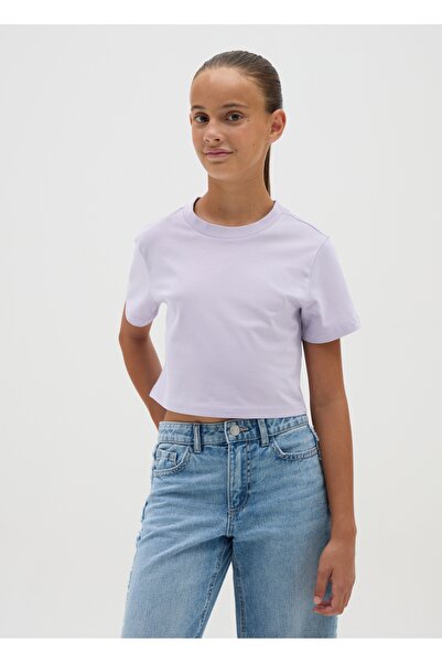 Ovs Girls' pure cotton purple crop T-shirt