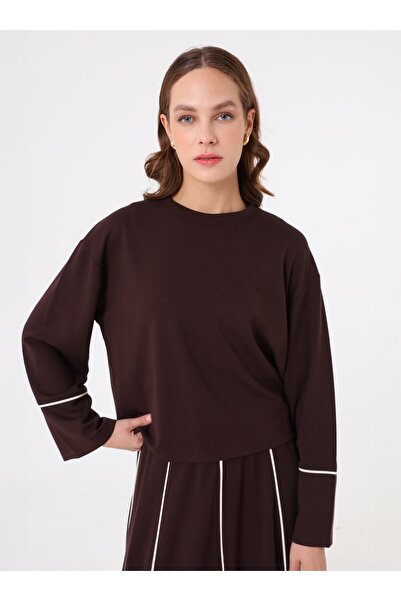 Benin Σετ μπλούζας και φούστας με αντίθεση ραφής με μαλακά κουμπιά - Καφέ -