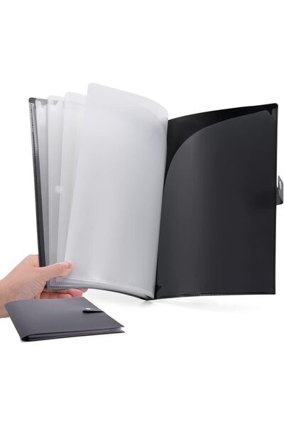 Cesil 10-Pocket A4 Project File Folder with Snap Closure (Black)