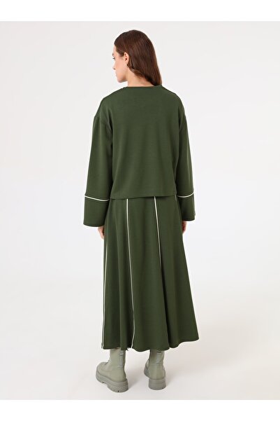 Benin Soft Buttoned Contrast Stitched Blouse & Skirt Two-Piece Set - Khaki -