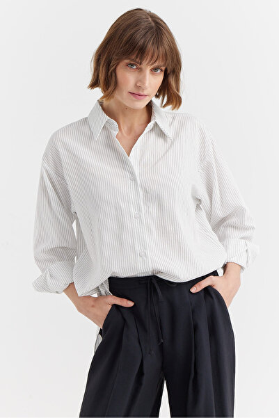 PAULMARK Kadın Çizgili Oversize Gömlek