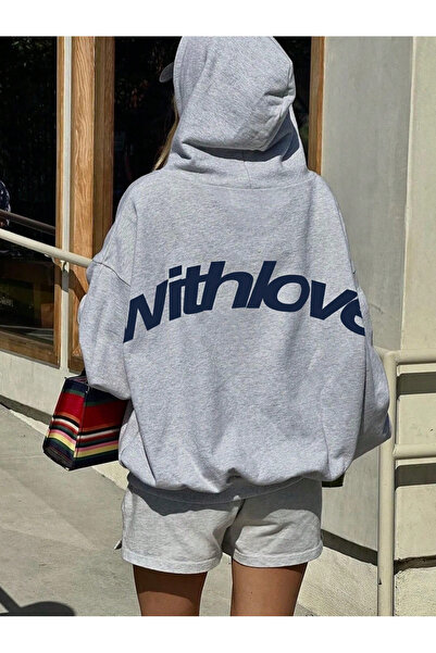 LAMASTRE Withlove Baskılı Kapüşonlu Oversize Sweatshirt - Gri Baskılı Oversize