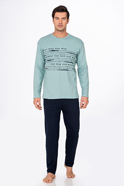 Kompedan Erkek Stay Wild Baskılı Pamuklu Pijama Takımı | Su Yeşili 028