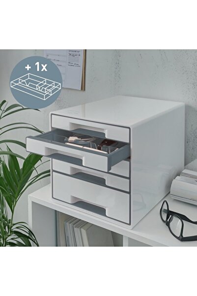Leitz WOW 5-drawer A4 organizer cabinet with transparent tray, white/grey