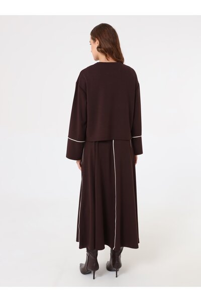 Benin Soft Buttoned Contrast Stitched Blouse & Skirt Two-Piece Set - Brown -