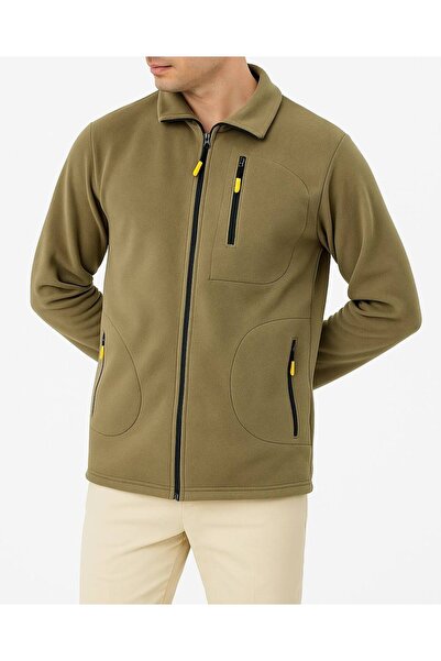 FazAv Unisex Khaki Anti-Pilling Non-Pilling Standard Fit Full Zip Cold-Proof Fleece Cardigan