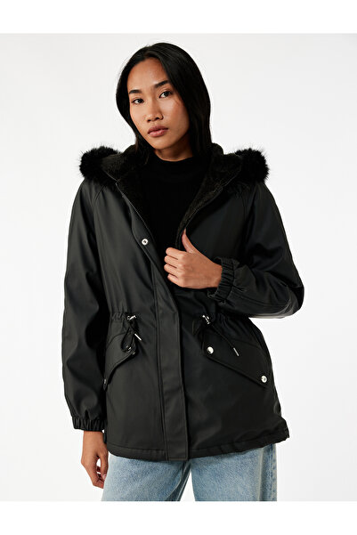 Koton Hooded Anorak Coat with Fleece Lining, Pockets, Detachable Faux Fur Accessory Detail