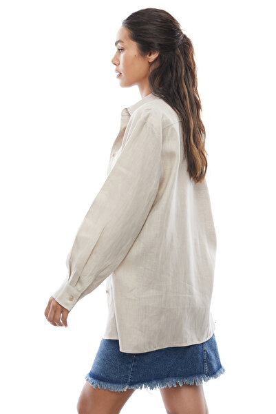 PAULMARK Γυναικείο λινό πουκάμισο με κουμπιά στο κάτω μέρος της φούστας