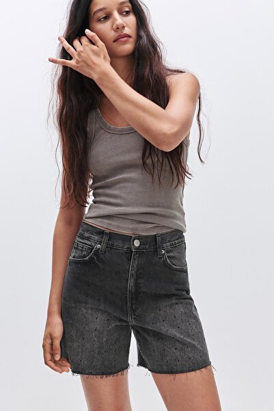 Pull & Bear Parıltılı yüksek belli denim bermuda