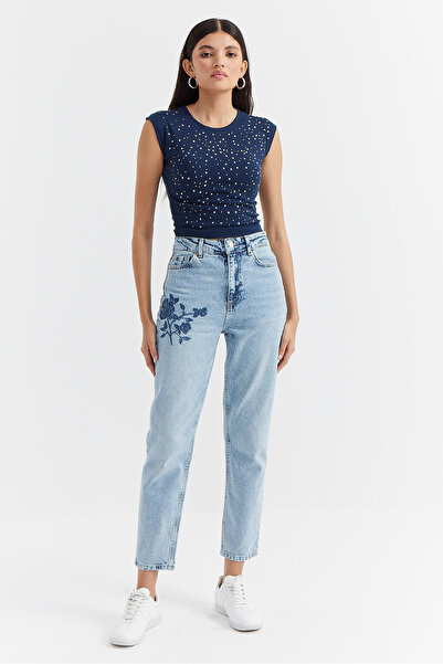 PAULMARK Women's High Waist Embroidery Detailed Jeans