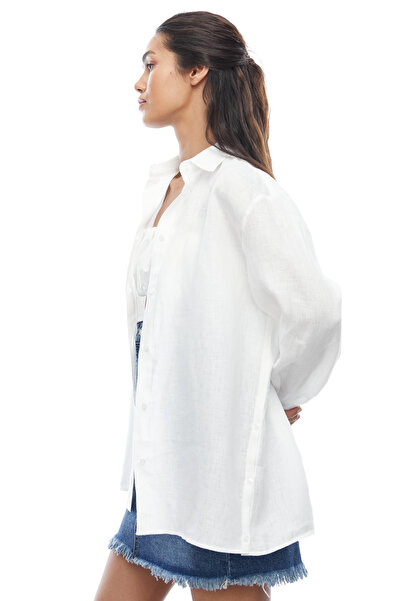 PAULMARK Women's Buttoned Hem Linen Shirt