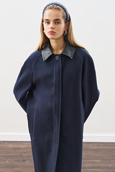 Manuka Leather Detail Coat with Embroidered Detailing, Navy Blue