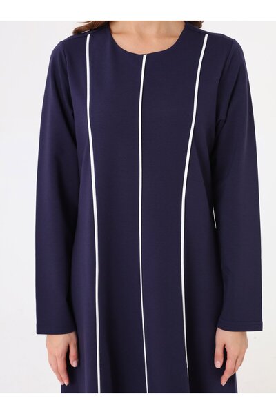 Benin Soft Textured Contrast Piped Detail Hijab Dress - Navy Blue -