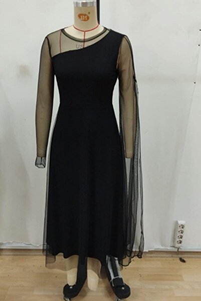 Mossta Turtleneck Tulle Detailed Long Sandy Dress - Black