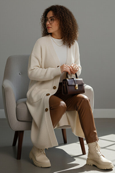 benguen Long Knit Cardigan with Pockets R2892 Ecru