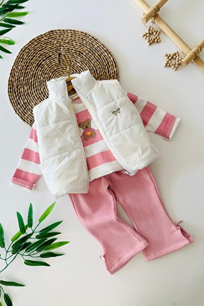 Minigimin Cicileri My Little One's Little Ones Inflatable Set with Bow Detail, Vest Set Teddy Bear Patterned Baby Girl Set of 3 - Pink