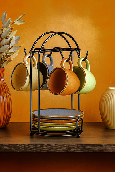 PORLINE Kadikizi 9 Piece Calma Clasico 4 Person Porcelain Coffee Cup Set with Metal Rack