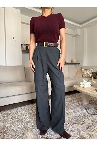 Vengo İstanbul Yüksel Bel Dökümlü Palazzo Kumaş Pantolon