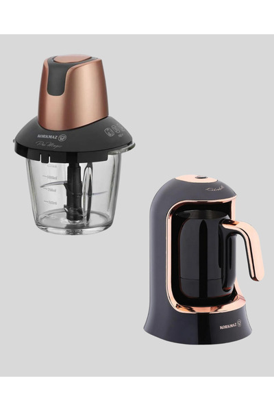 KORKMAZ Pro Magic Doğrayıcı + Kahvekolik Deluxe Otomatik Türk Kahve Makinesi Seti – Siyah / Rosegold