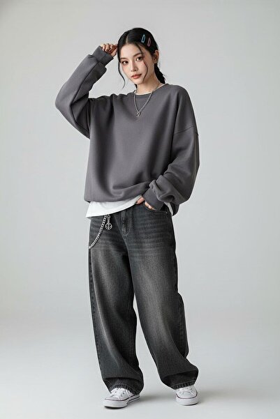 Karakedi Plain Smoked Medium Thickness Fabric Oversize Unisex Sweatshirt