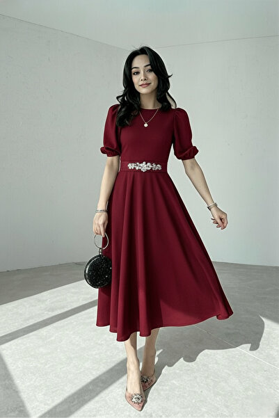 ALFUDO Moda Collection Bordo Karpuz Kollu Midi Boy Elbise