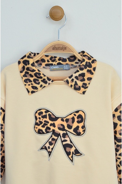 zubi baby & kids wear Cream Color Leopard Detailed Collar and Bow Girl's Set