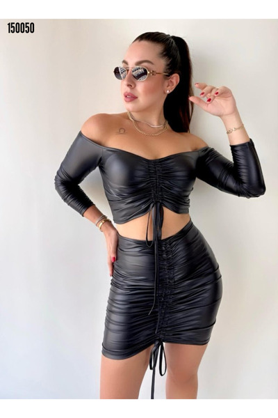 moda wanilia Women's Ruched Detail Leather Skirt Set